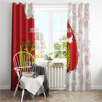 Window curtains with contrasting red and white panels and a gold coat of arms map print