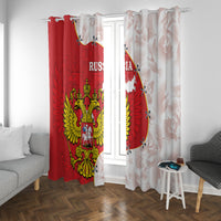 Hanging window curtain pair with red and white sections, gold coat of arms emblem and map