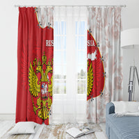 Set of 2 window curtains with red and white panels, showing coat of arms and map print