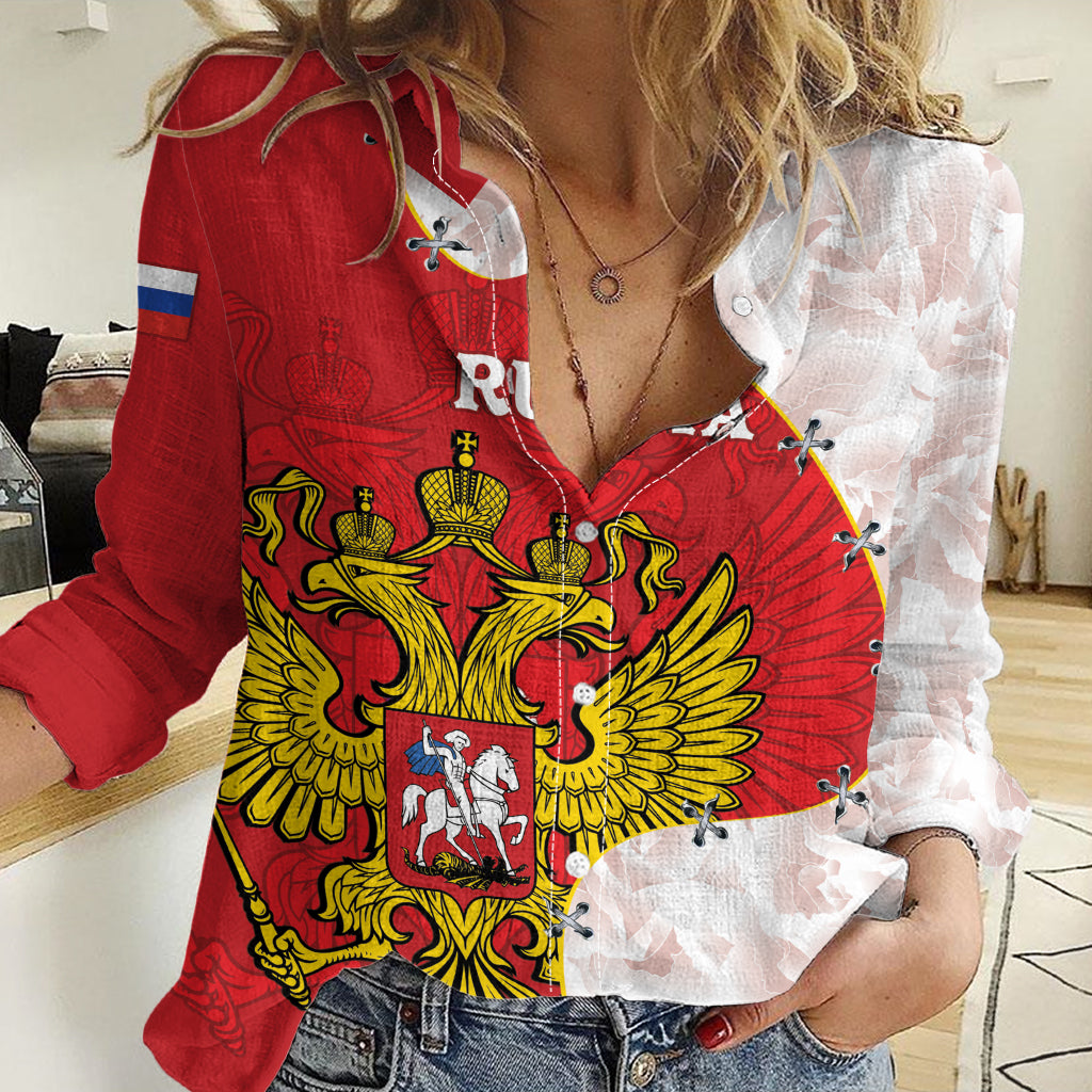 Russia Independence Day Women Casual Shirt Coat Of Arms With Map - Wonder Print Shop