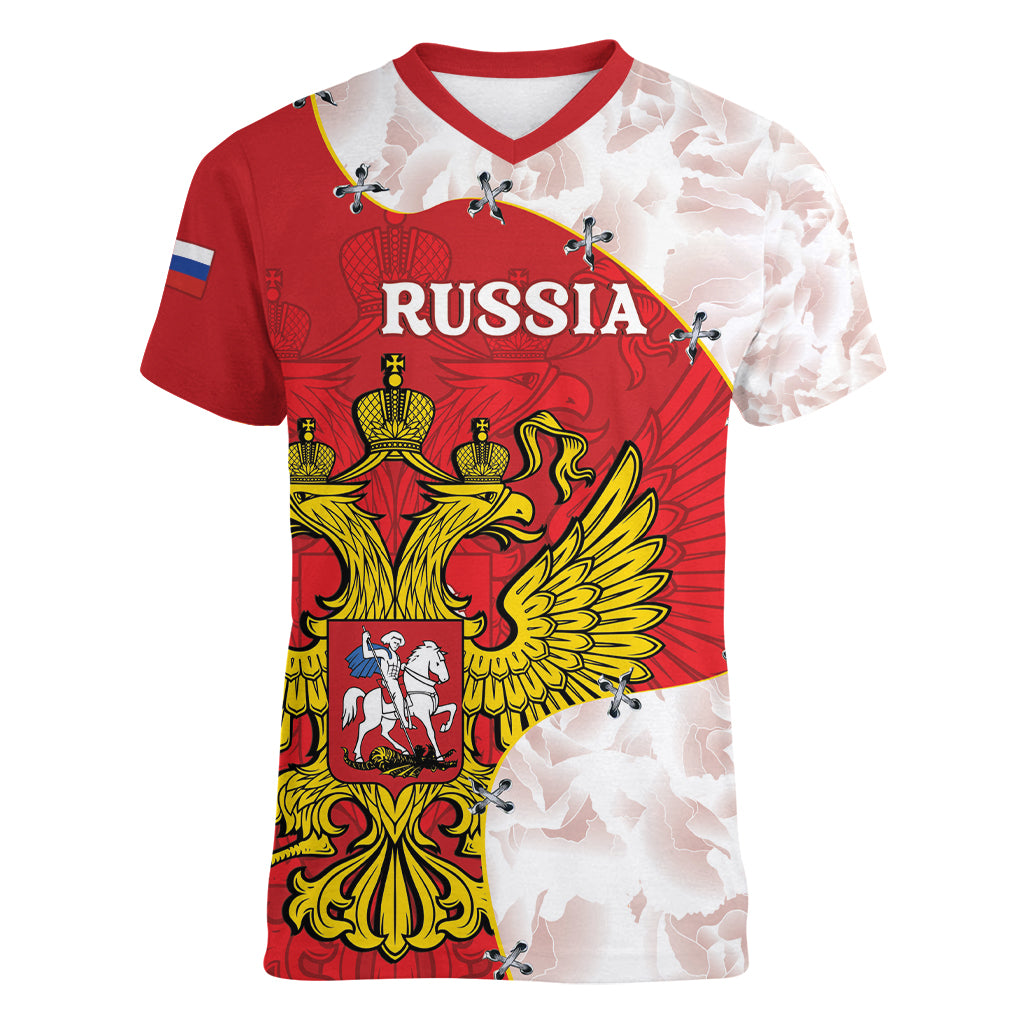 Russia Independence Day Women V-Neck T-Shirt Coat Of Arms With Map - Wonder Print Shop