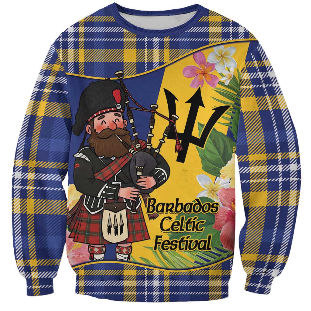 Unisex blue plaid sweatshirt with bagpiper and floral festival graphic