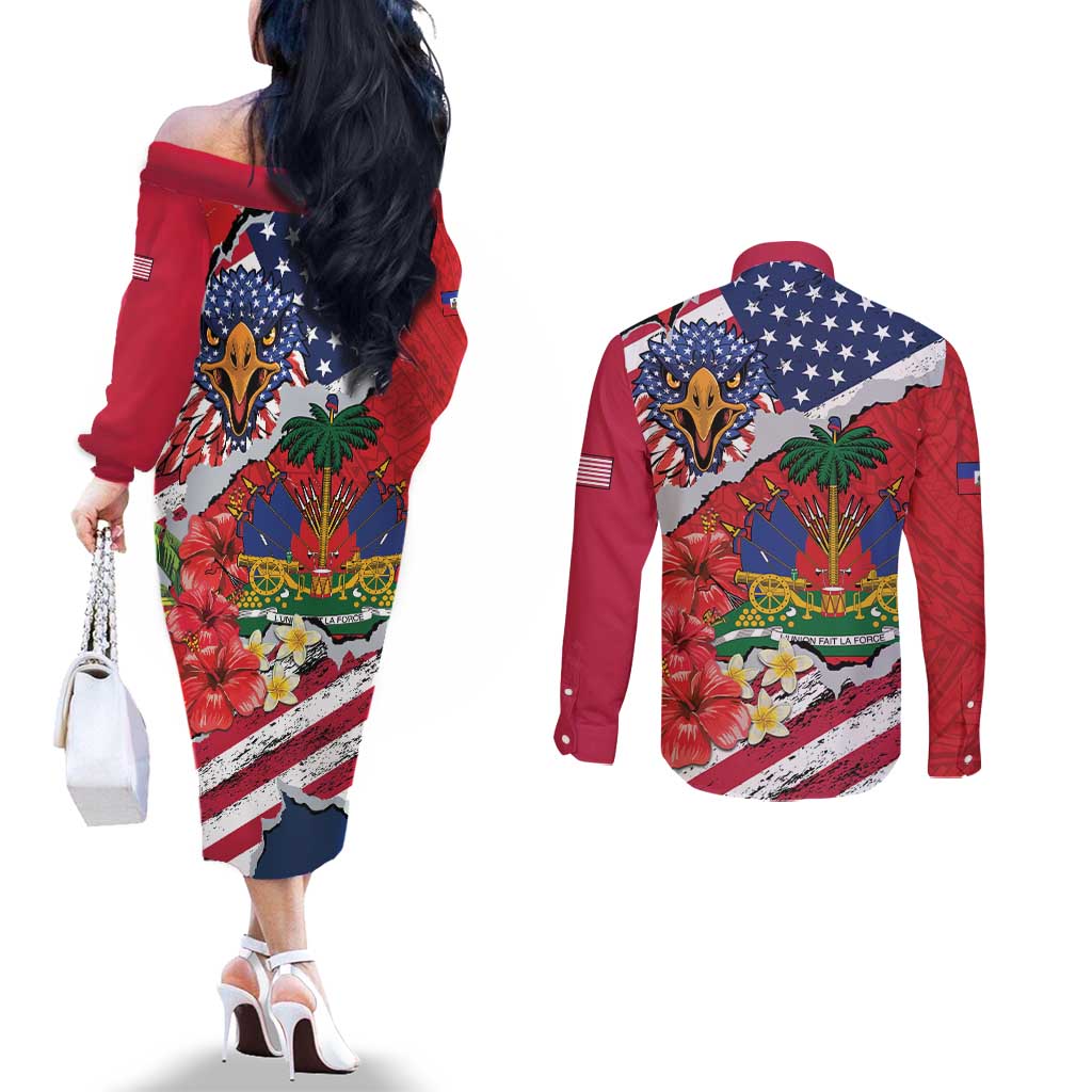 Haitian Heritage Month Couples Matching Off The Shoulder Long Sleeve Dress and Long Sleeve Button Shirt Haitian Americans Proud Grunge Style