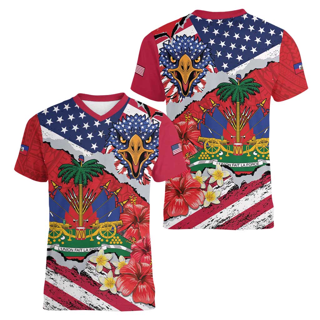 Haitian Heritage Month Women V-Neck T-Shirt Haitian Americans Proud Grunge Style