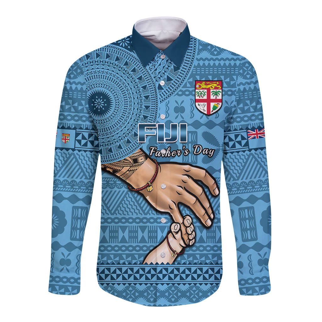 Blue long sleeve button shirt with tapa pattern front and Father's Day graphic