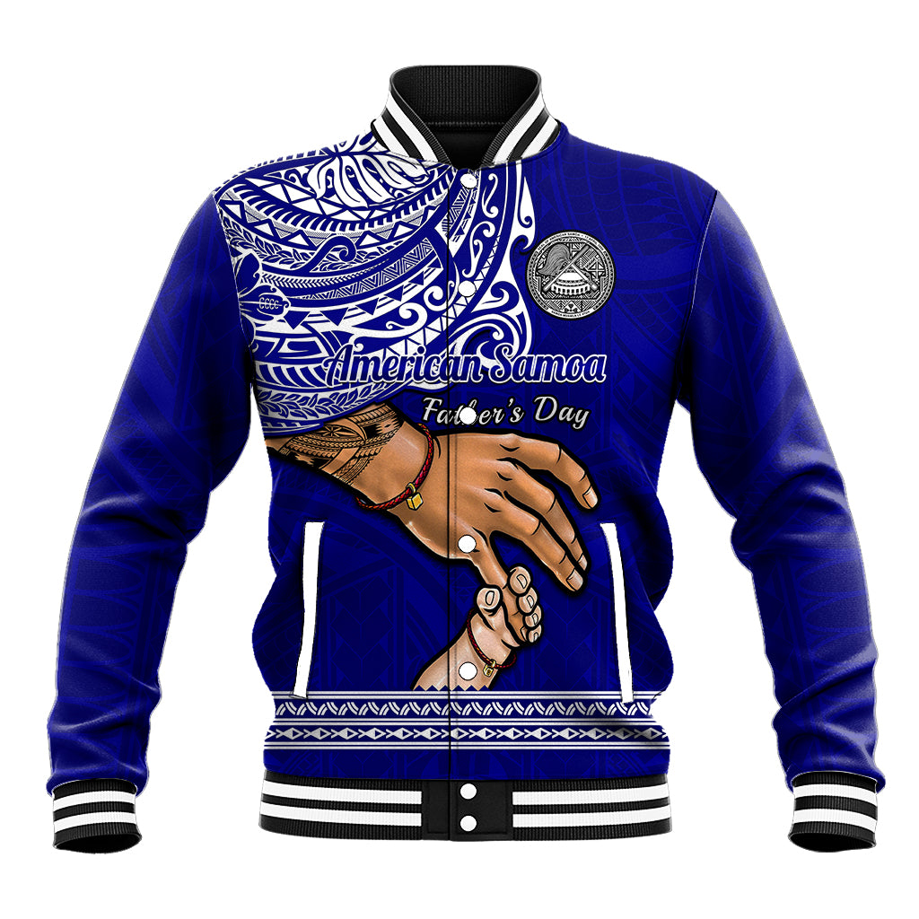 Unisex blue baseball jacket with tribal graphic, hand motif, and Fathers Day text