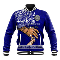 Unisex blue baseball jacket with tribal graphic, hand motif, and Fathers Day text