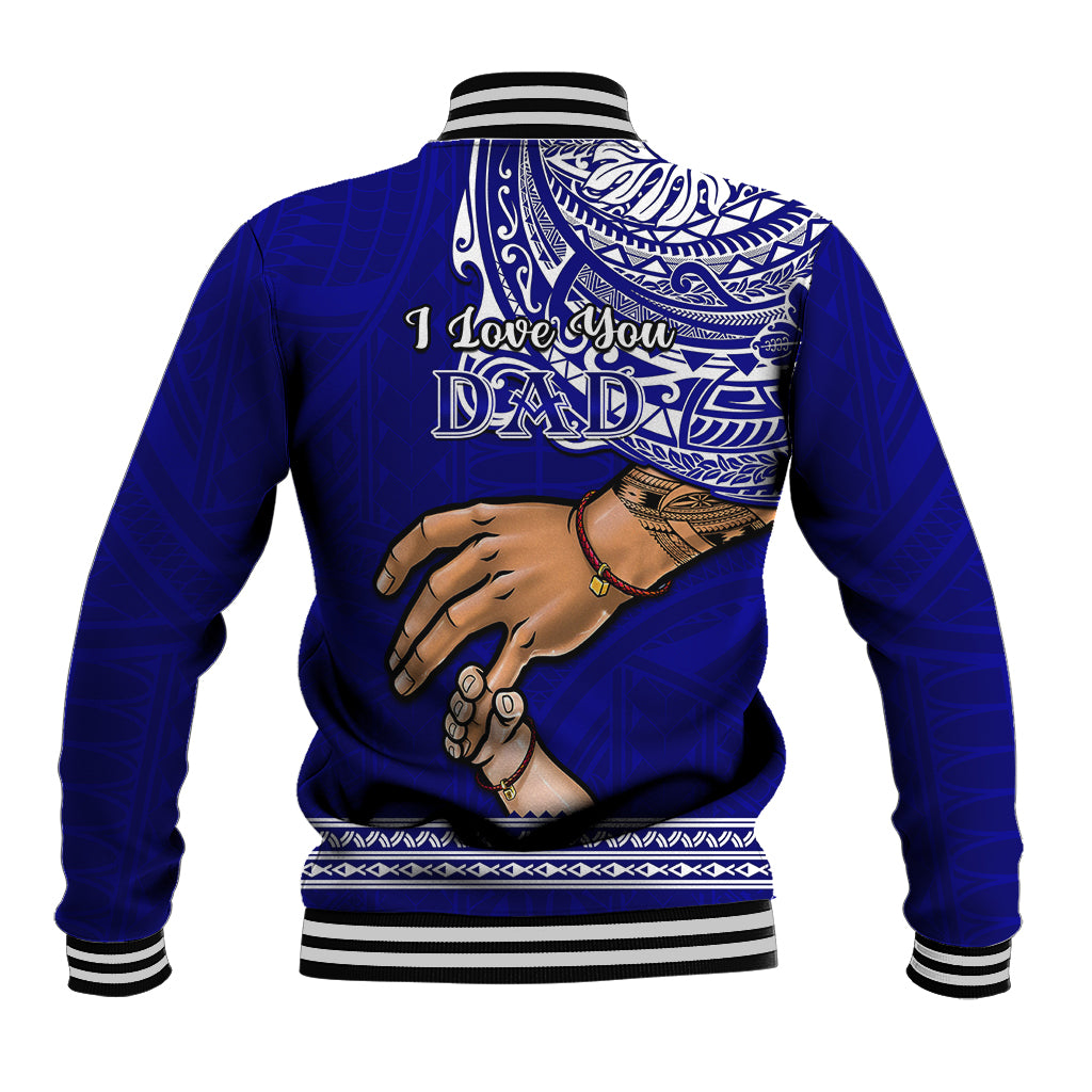 Unisex blue baseball jacket, back print with I love you Dad and hand graphic
