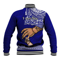 Unisex blue baseball jacket, back print with I love you Dad and hand graphic