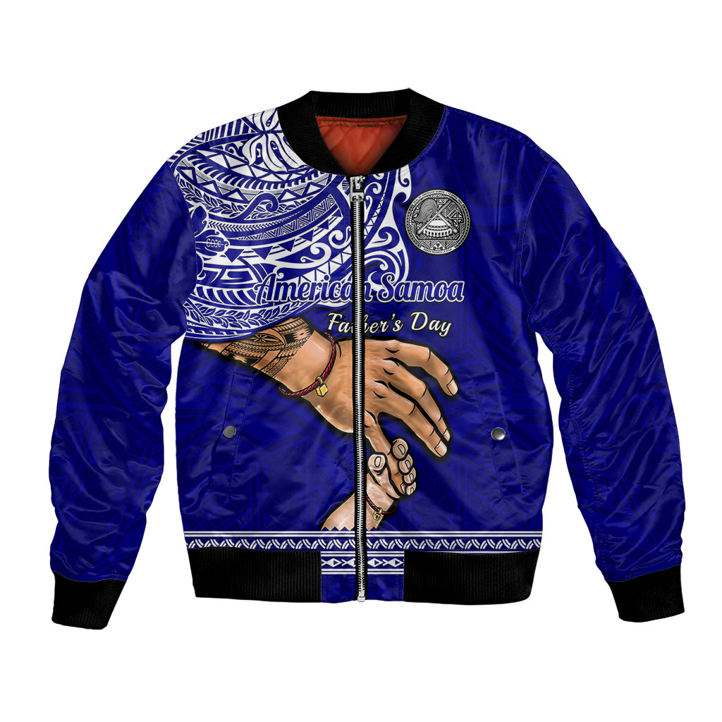 Blue bomber jacket with black ribbed trim and Father’s Day graphic on front