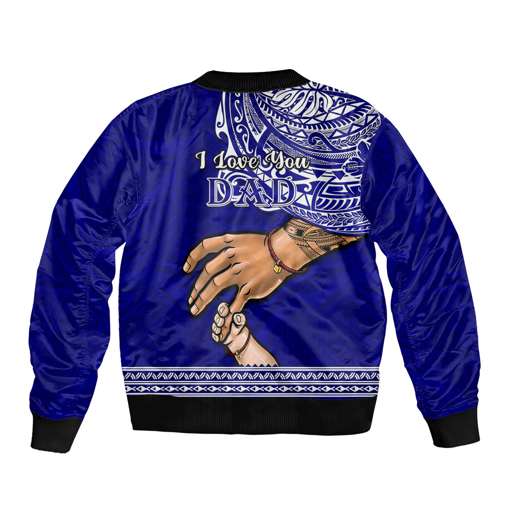 Blue bomber jacket with black ribbed trim and Dad graphic on back