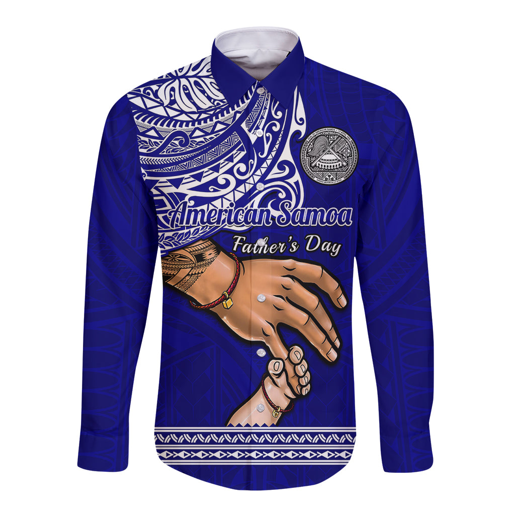 Blue long-sleeve button shirt with Polynesian print and dad hands graphic