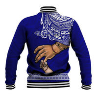 Blue baseball jacket with striped collar, large back graphic of hands and tribal pattern.