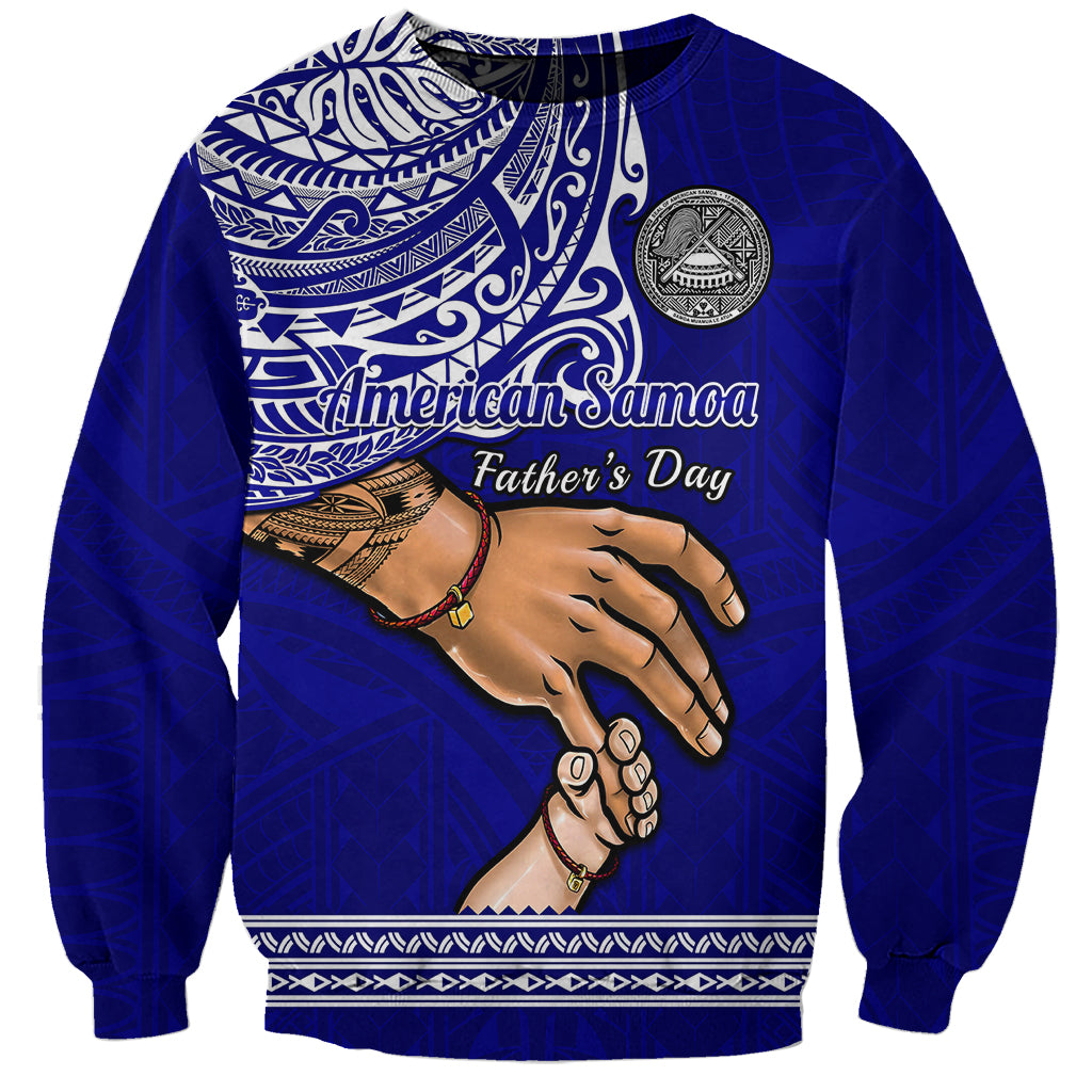 Blue crewneck sweatshirt with American Samoa Father’s Day graphic and hands artwork