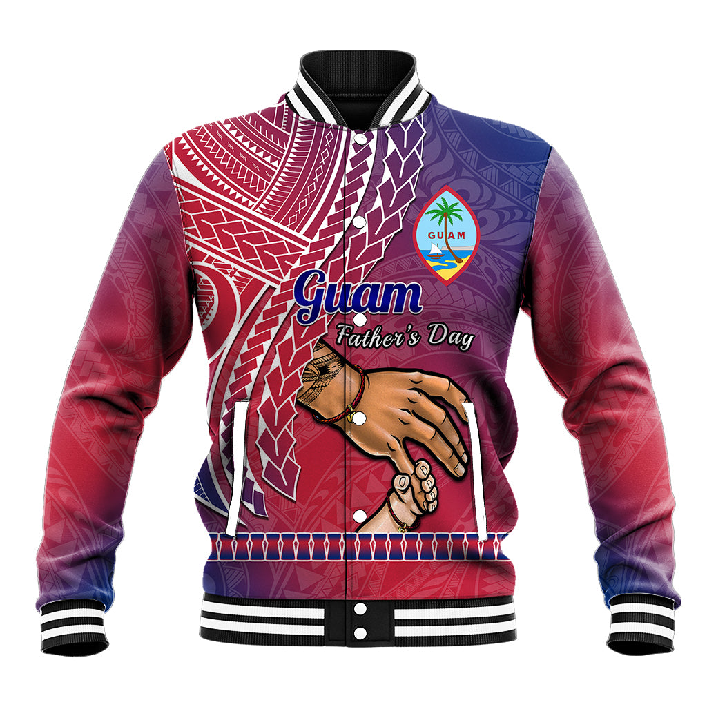Unisex baseball jacket, red and purple with blue trim, Guam Father's Day graphic.
