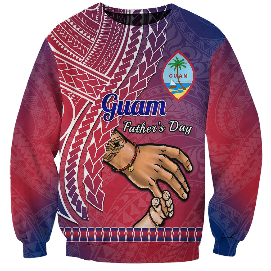 Men's unisex sweatshirt with red, purple, and blue tribal print and Guam badge.