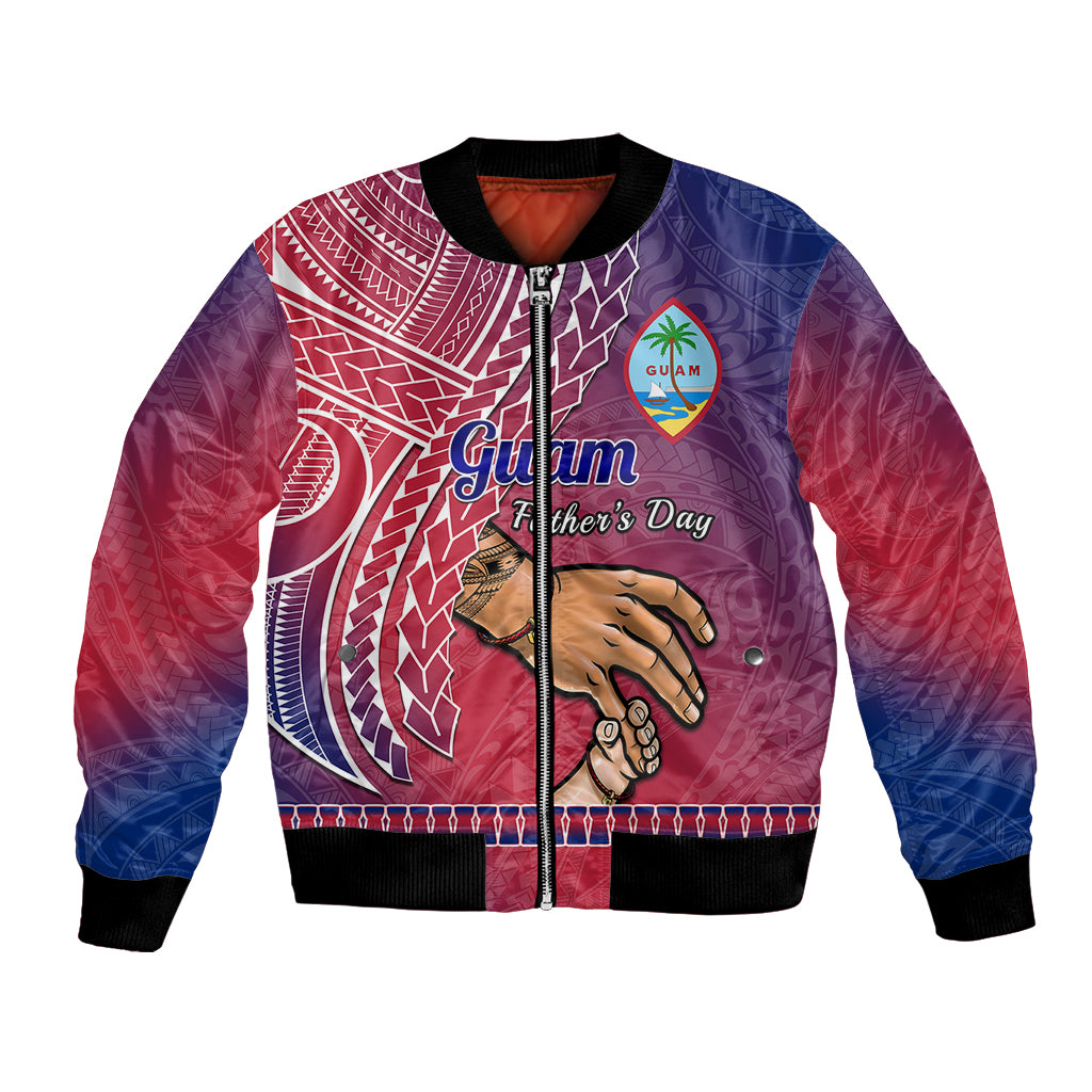 Unisex bomber jacket with red, purple, and blue patterned print and Guam Father's Day graphic