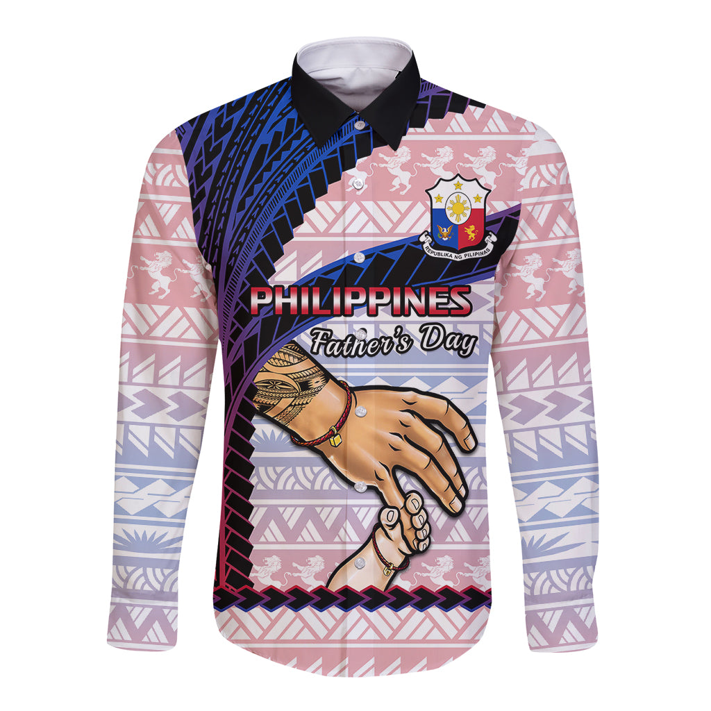 Long-sleeve button shirt with pink, blue, and white Filipino graphic print, hands and crest