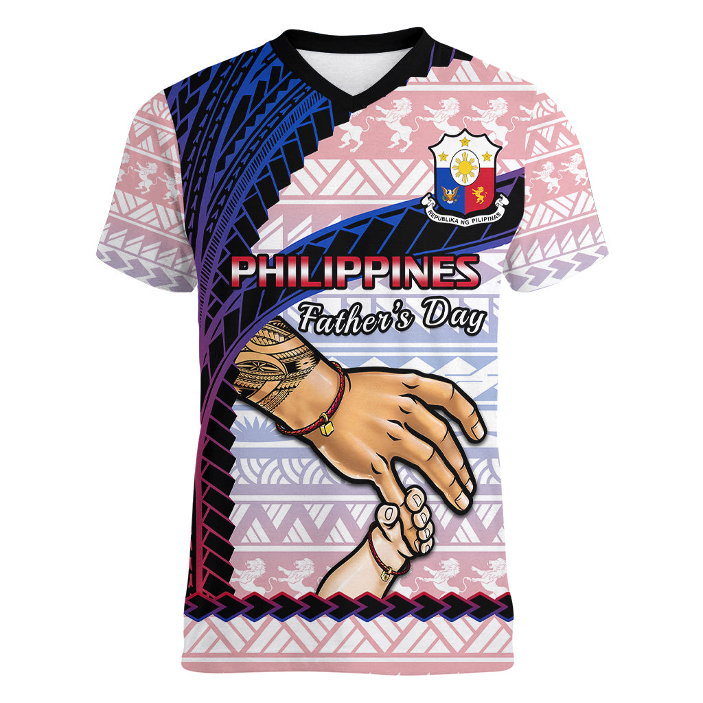 Polynesian Pride Father Day Philippines Women V Neck T Shirt Filipino Pattern Maligayang Araw ng Mga Ama - Wonder Print Shop