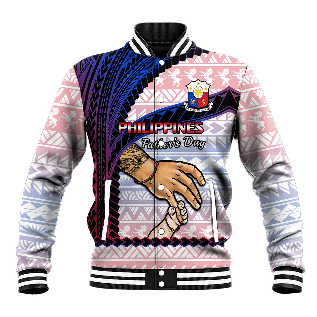 Baseball jacket with black striped collar, pink/blue Filipino pattern, 'Father's Day' print