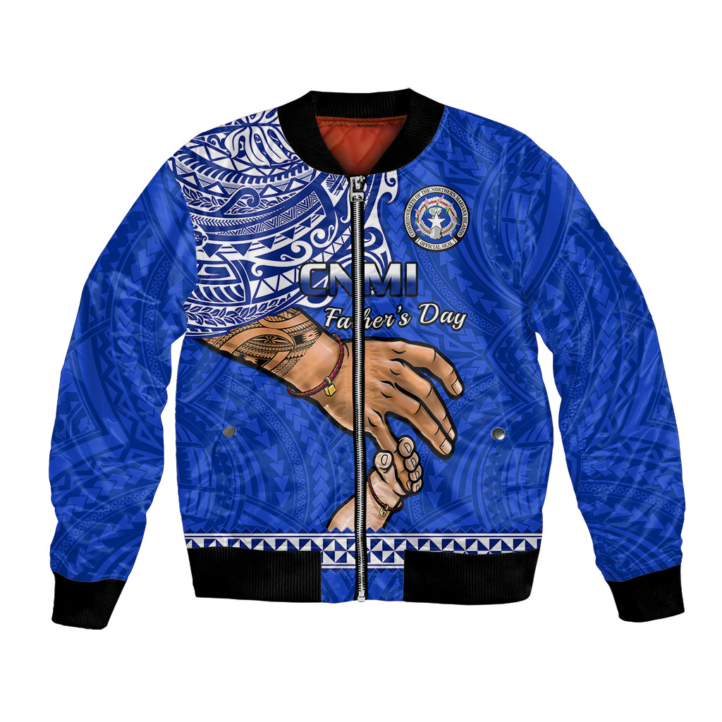 Blue bomber jacket with front zipper and Father’s Day CNMI graphic print