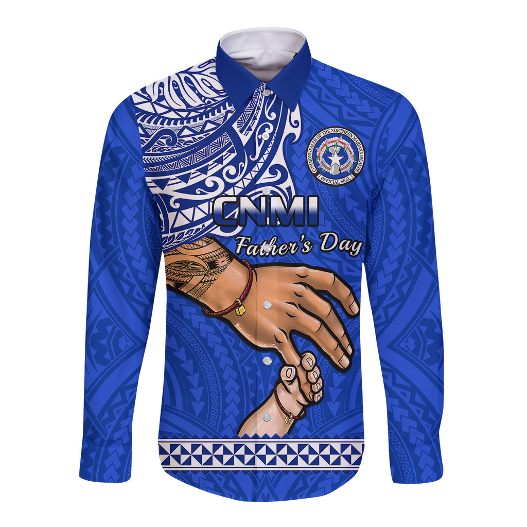 Blue long-sleeve button shirt with CNMI Father’s Day front graphic