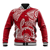 Red baseball jacket with white tribal honu print, snap buttons, striped ribbed collar