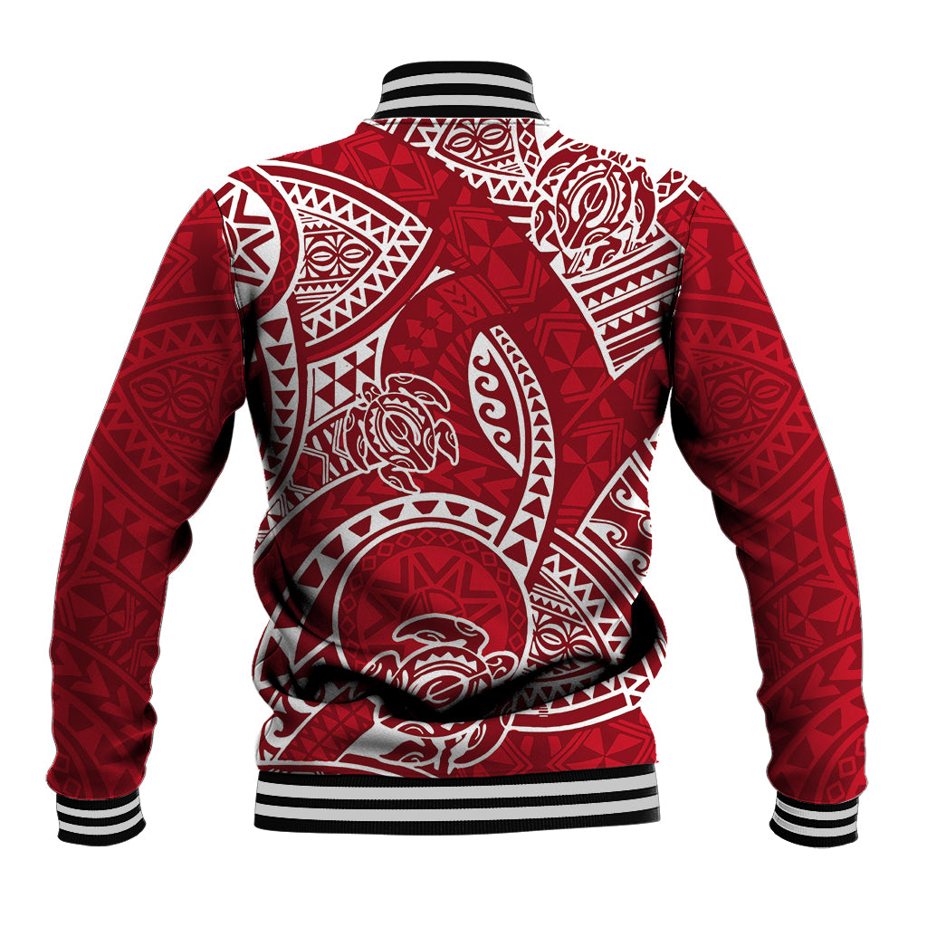Red baseball jacket back with large white tribal turtle (honu) motif and striped hem