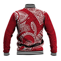 Red baseball jacket back with large white tribal turtle (honu) motif and striped hem