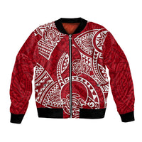 Red bomber jacket with white tribal patterns, front zipper, ribbed cuffs and hem
