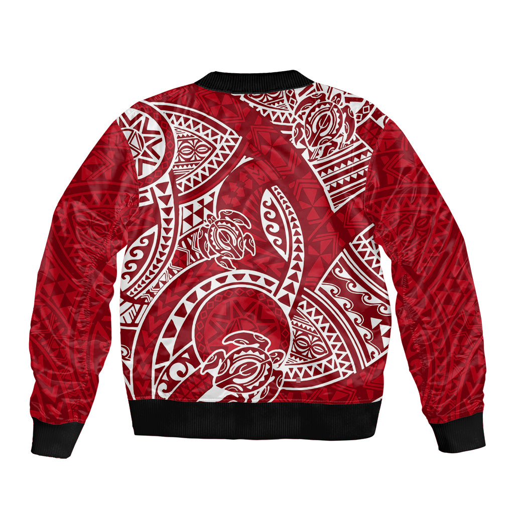Red bomber jacket with large white tribal back graphic and ribbed cuffs