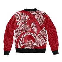 Red bomber jacket with large white tribal back graphic and ribbed cuffs