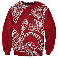 Red crewneck sweatshirt with white Polynesian tribal honu print, long sleeves