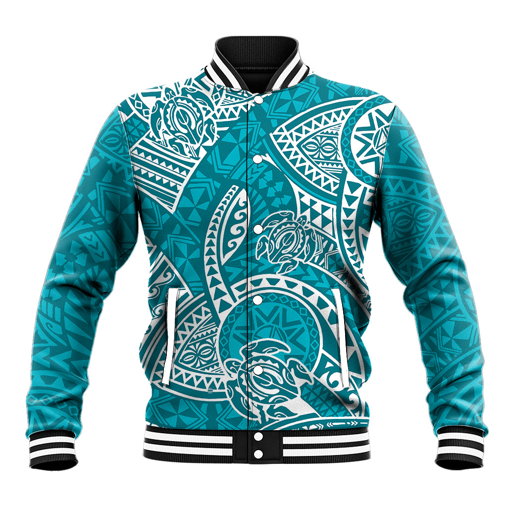 Turquoise Hawaiian baseball jacket with white tribal honu graphic, striped collar cuffs