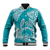 Turquoise Hawaiian baseball jacket with white tribal honu graphic, striped collar cuffs