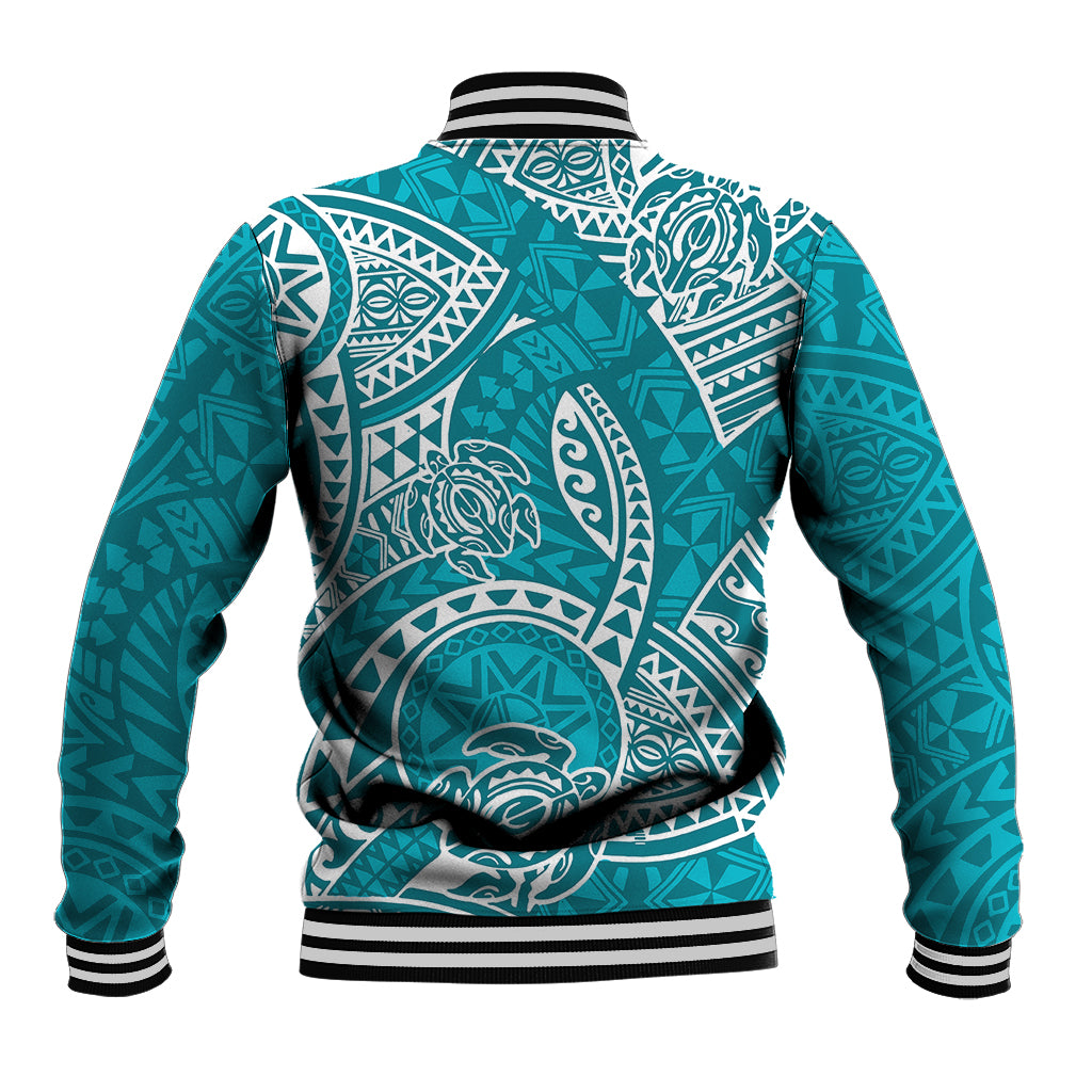 Turquoise Hawaiian baseball jacket with white tribal honu back graphic, striped rib trim