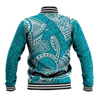 Turquoise Hawaiian baseball jacket with white tribal honu back graphic, striped rib trim