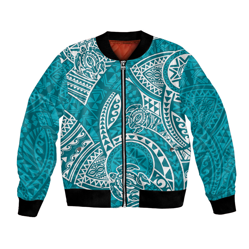 Turquoise bomber jacket with black ribbed collar, zipper, and white honu tribal print