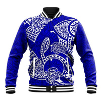 Blue baseball jacket with white tribal honu graphic, snap front, striped ribbed collar