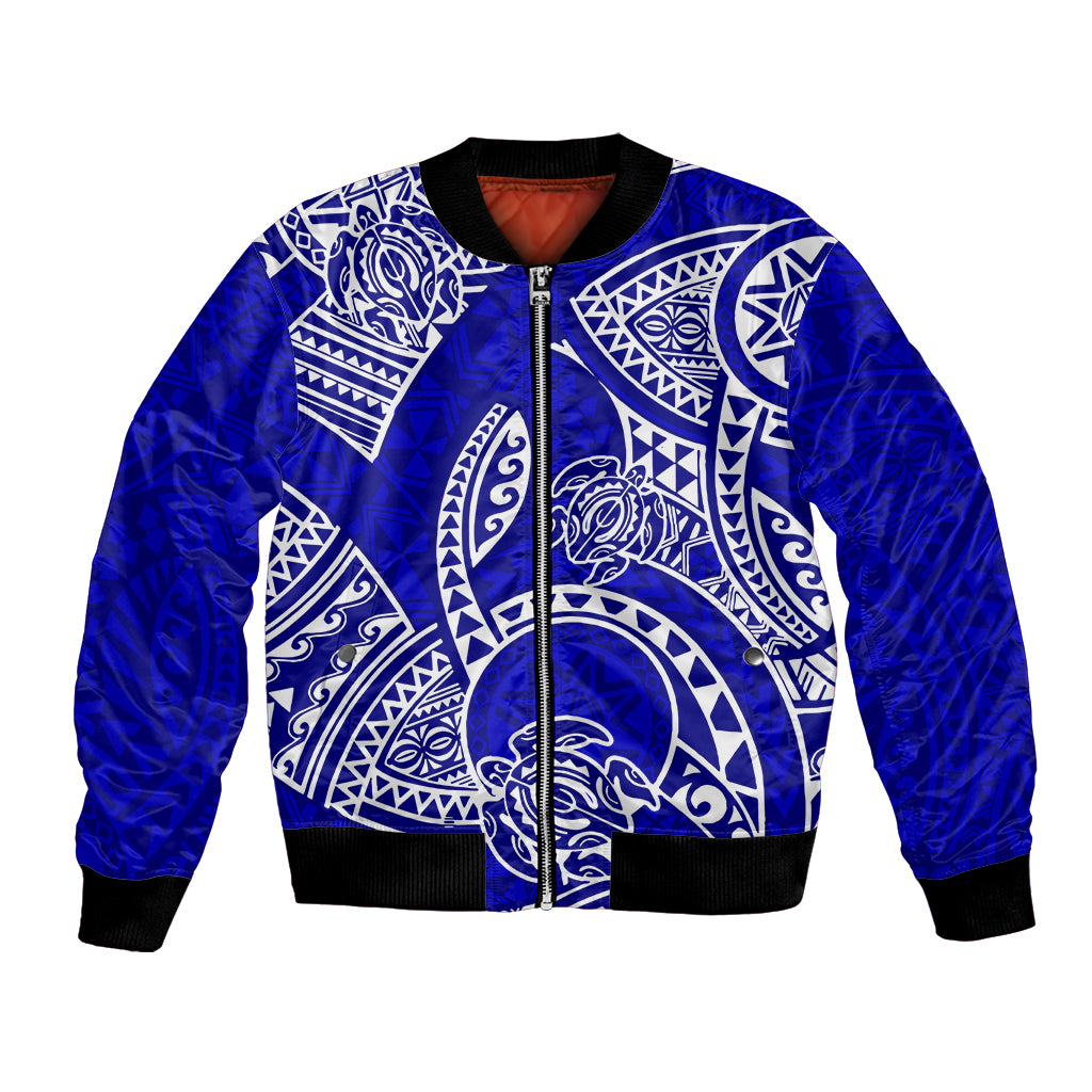 Blue bomber jacket with white Polynesian tribal honu artwork and zip front