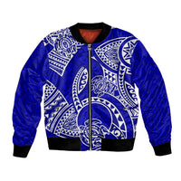 Blue bomber jacket with white Polynesian tribal honu artwork and zip front