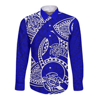 Blue long sleeve button shirt with white tribal honu print