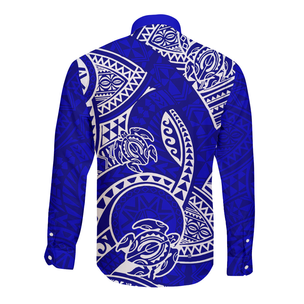 Blue long sleeve button shirt with white tribal honu back print