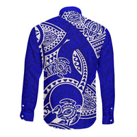 Blue long sleeve button shirt with white tribal honu back print