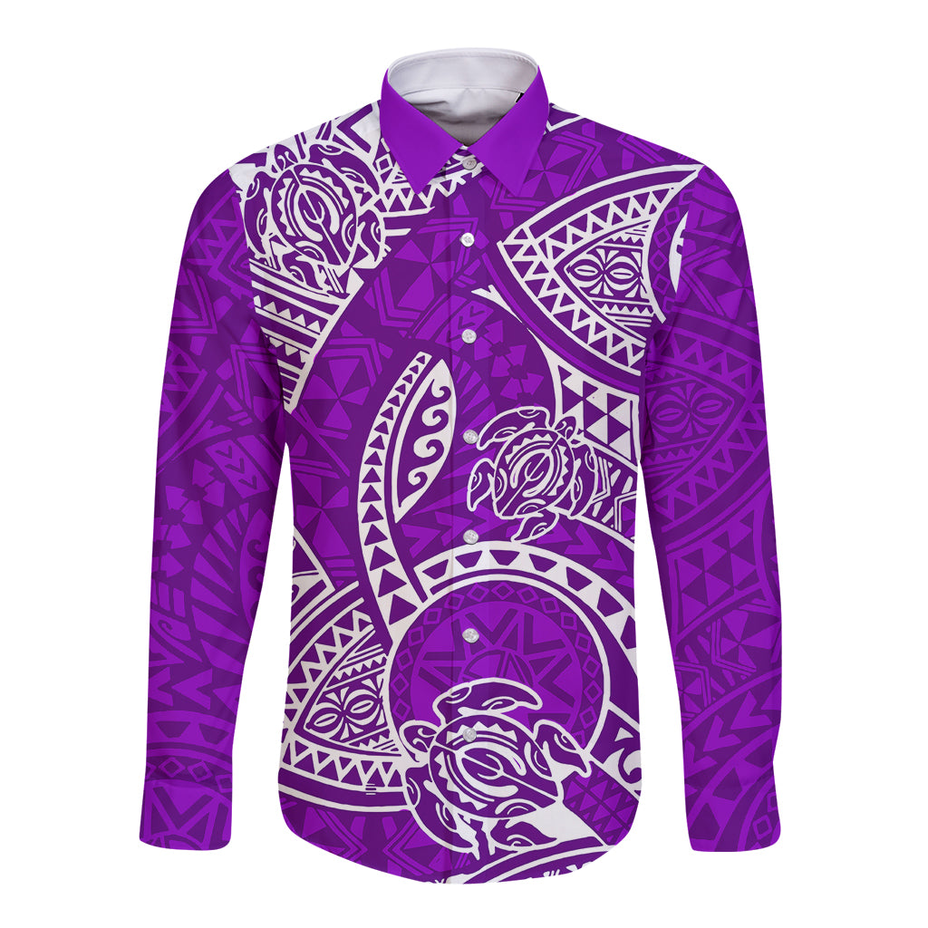 Purple long-sleeve button shirt with white Polynesian tribal honu graphic
