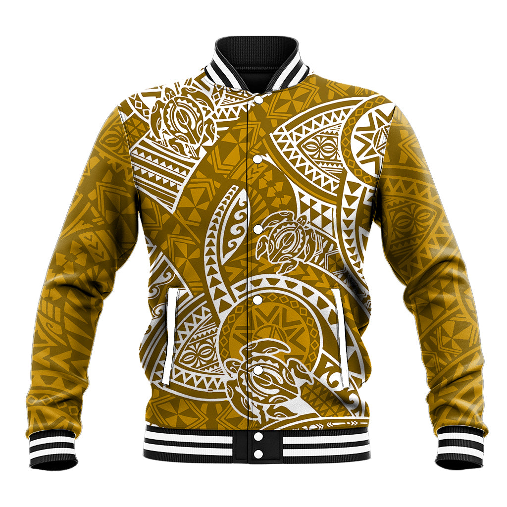 Gold baseball jacket with white honu tribal print and striped ribbed cuffs