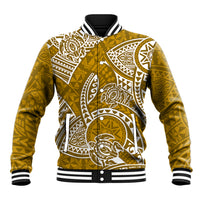 Gold baseball jacket with white honu tribal print and striped ribbed cuffs