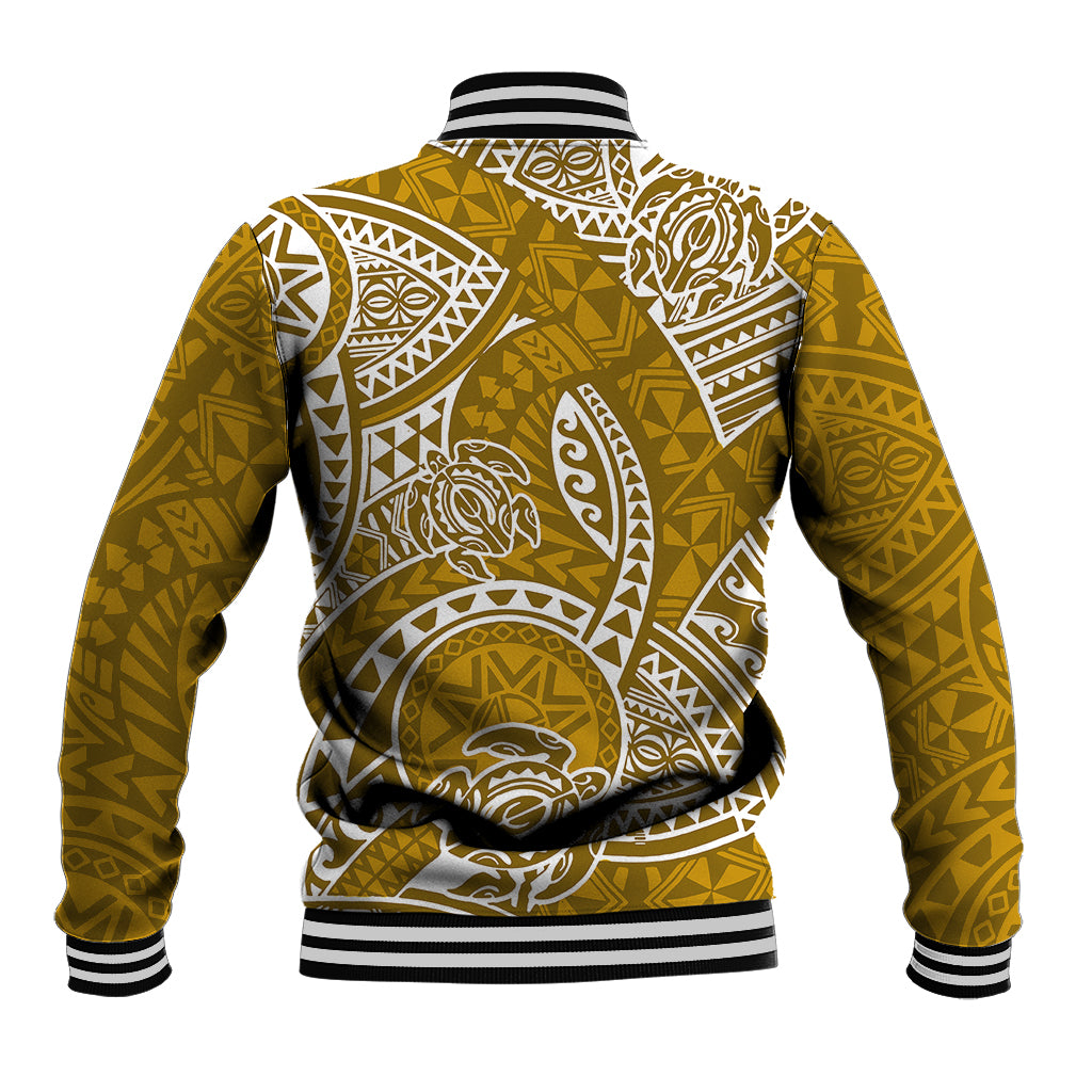 Gold baseball jacket back with large white honu tribal pattern and striped ribbed hem