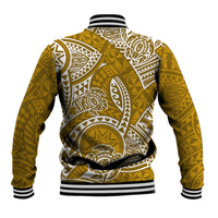 Gold baseball jacket back with large white honu tribal pattern and striped ribbed hem