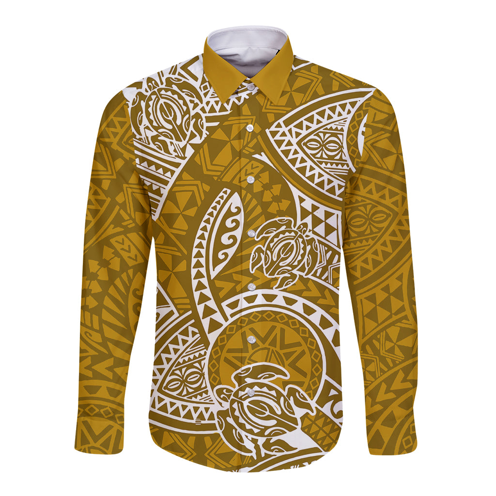 Unisex gold long-sleeve button shirt with white Polynesian tribal honu print